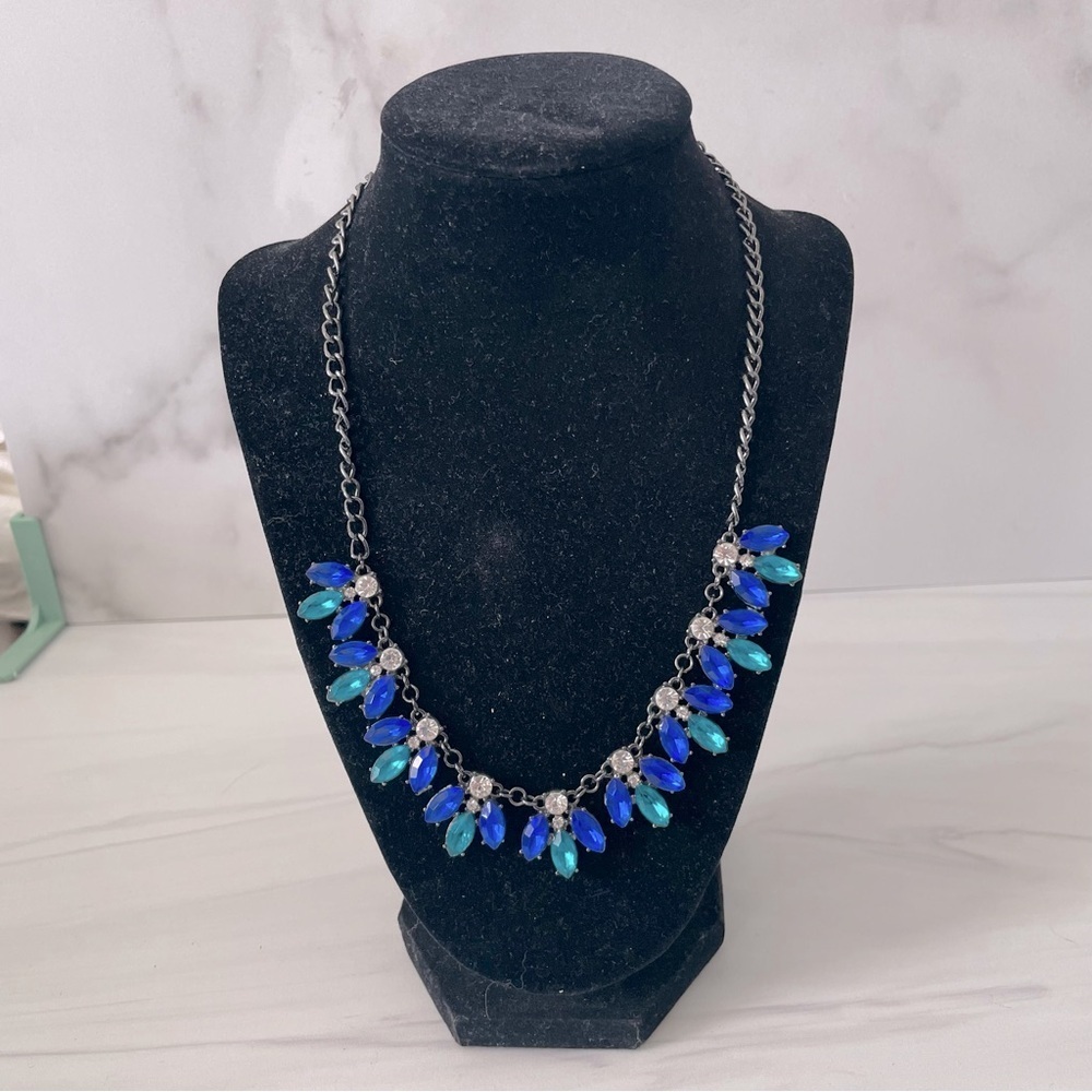 Green and Blue Floral Rhinestone Drop Necklace- Unbranded